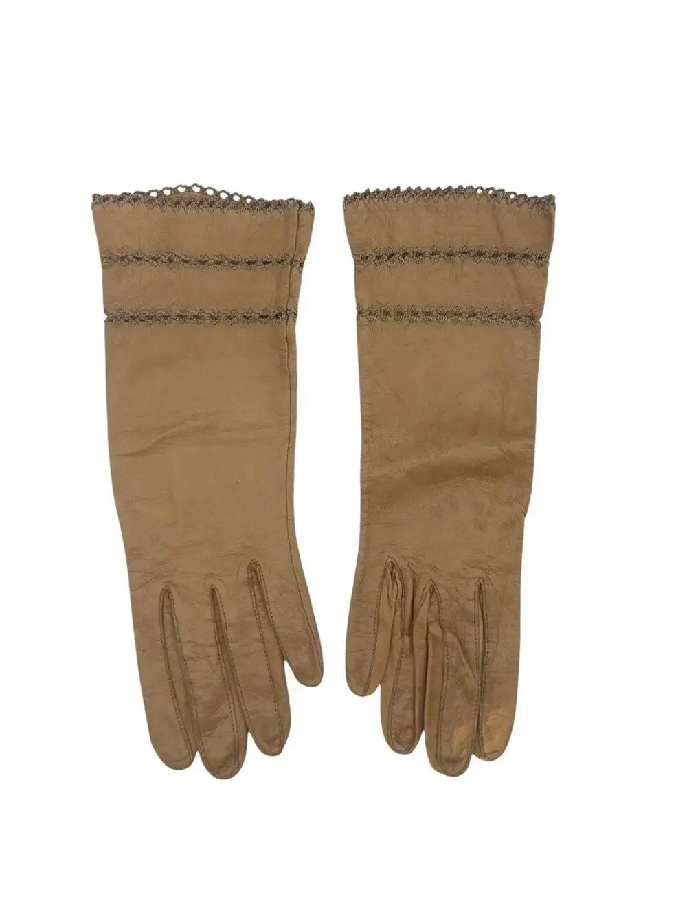 Vintage Soft Light Brown Leather Gloves with Embroidery, Gauntlet Length
